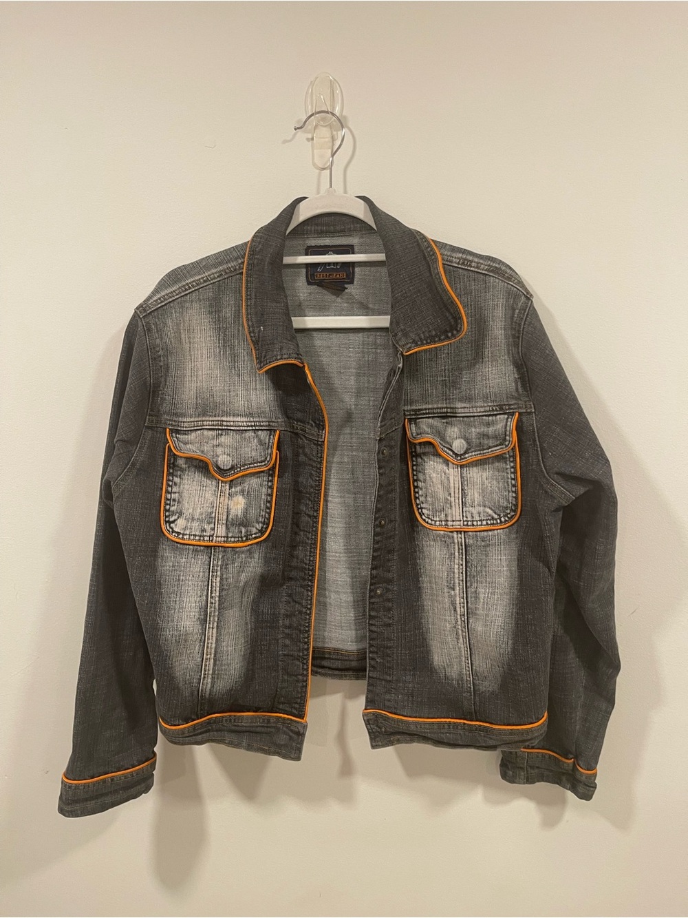 Women’s Grey Washed Denim Jacket with Orange Trim